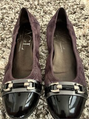 AUTHENTIC AGL Plum Suede Flats with Black Patent Cap Toe and Silver Hardware